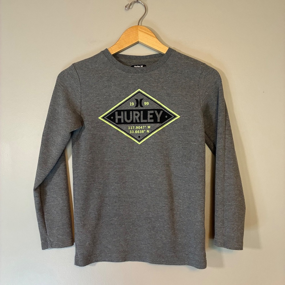 Hurley Boys Grey Waffle Knit Thermal Long Sleeve Graphic Shirt Size 14/16 L